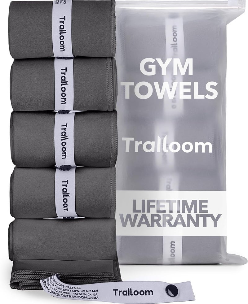 Trailoom Microfiber Workout Towels - Quick Dry, Highly Absorbing, Odor-Free, for Men & Women - Gym Sweat Sports Towel for Hot Yoga, Tennis, Running, Exercise, Working Out, Camping, Set of 5 Dark Gray - Image 1